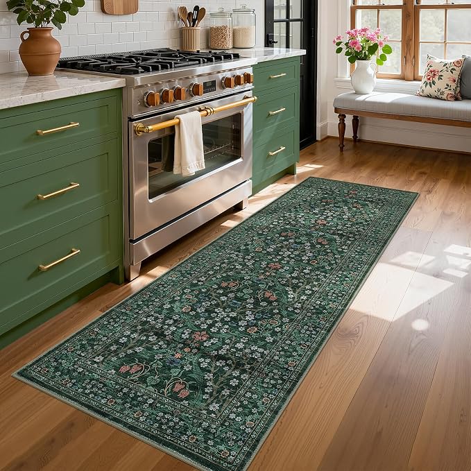 GarveeHome Washable Kitchen Runner Rug, Floral 2x6 Rug for Hallway Non Slip Stain Resistant, Ultra-Thin Boho Soft Hallway Rug Botanical Carpet for Entryway, Laundry Room, Bathroom Dark Green