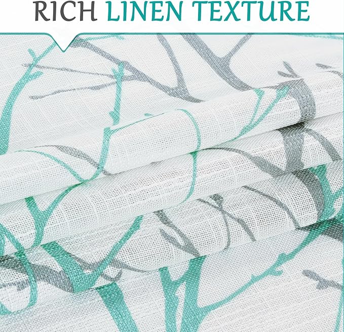 FMFUNCTEX Linen Semi Sheer Curtains for Bedroom, Auqa Blue White Curtains 84 Inches Long for Living Room, Grey Tree Branch Patterned Curtain Light Filtering Window Drapes, Grommet Top 2 Panels