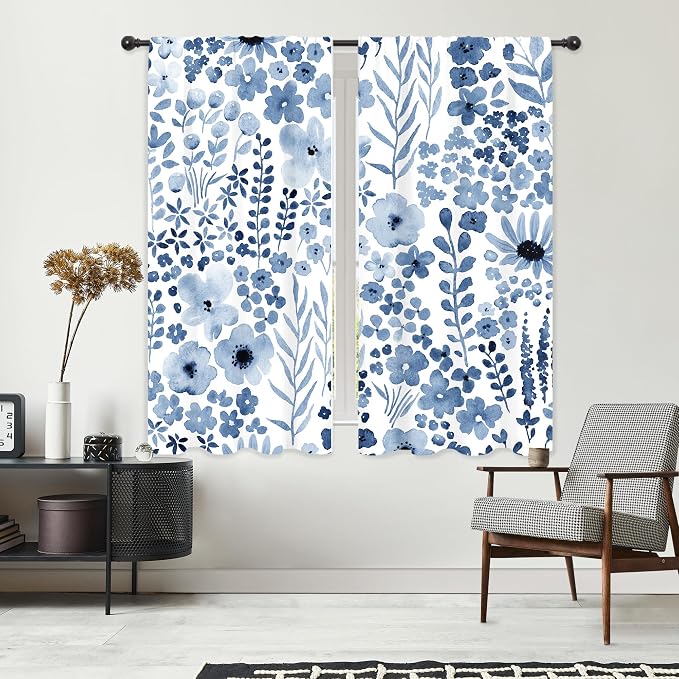 Riyidecor Navy Blue Floral Curtains Wildflower Watercolor Flower Rustic Leaves Boho Cute Botanical Plant Spring Nature Rod Pocket Modern Bedroom Living Room Treatment Fabric 2 Panels 42Wx63H Inch