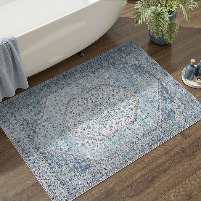 DCX Machine Washable Blue Entryway Rug 2x3, Non Slip Stain Resistant Vintage Floral Rug for Kitchen Bathroom Front Door Throw Rugs Indoor, Soft Low Pile Small Rugs for Entry