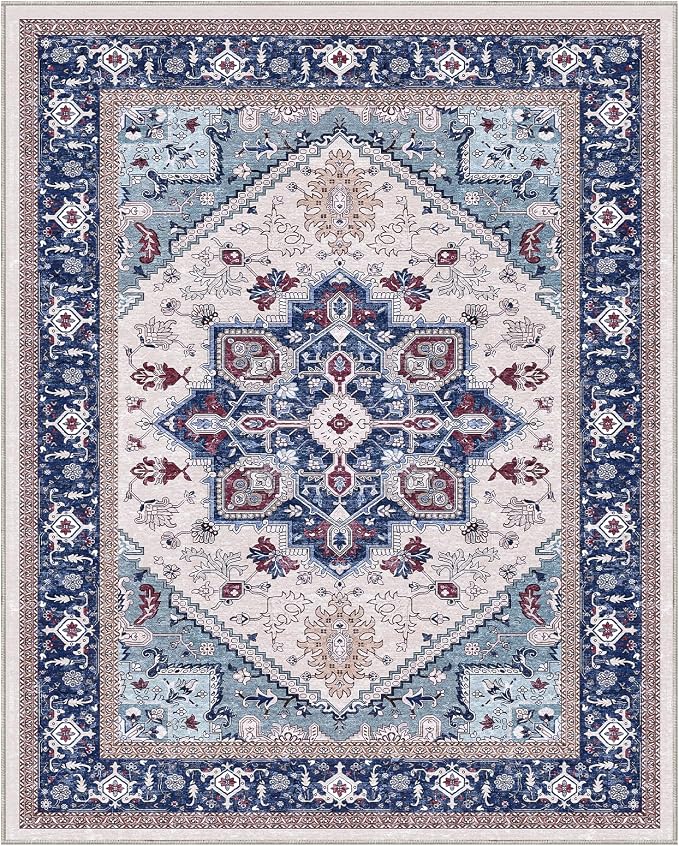 OPPODREAM Soft 8x10 Area Rugs, Washable Rugs 8x10 with Non Slip Backing, Faux Cashmere Low-Pile 8 x 10 Carpet, Navy Blue & Red & Cream