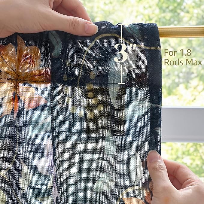 jinchan Hattie Floral Linen Kitchen Curtains 30 Inch Length Vintage Cottage Core Farmhouse Cafe Curtains Light Filtering Small Window Drapes for Living Room Bathroom Rod Pocket 2 Panels Dark Blue