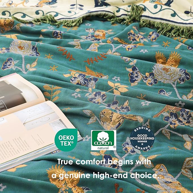 VANJOROY Boho 100% Cotton Large Throw Blanket King - All Season Rustic Ultra Soft Breathable Floral Bird Blanket for Bed Sofa Couch Chair Bedspread Quilt Gift, 91" x 108"-Teal/Beige