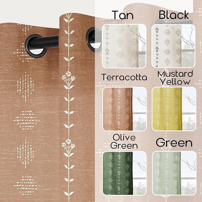 Terracotta Boho Curtains 2 Panels, Burnt Orange Bohemian Patterned Drapes, Western Rust Colored Vintage Floral Linen Sheer Aztec Print Curtains for Bedroom Living Room 84 Inch Long