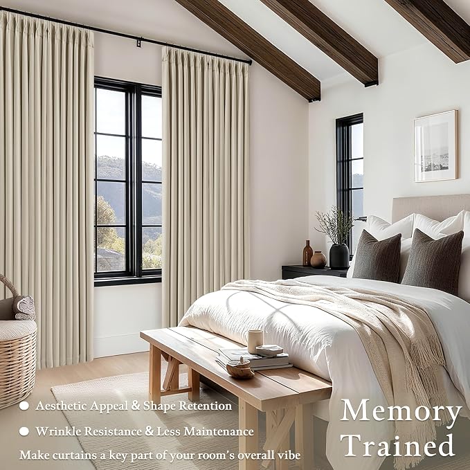 TWODRAPES 92 Inch Long Pinch Pleated Blackout Curtains for Bedroom Living Room, Oatmeal Beige Linen Blend 100% Blackout Sliding Door Curtains, Cozy Modern Privacy Protection Curtains 92 Inches