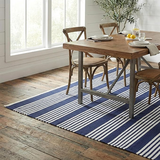 Fab Habitat Machine Washable Area Rug - Hand Woven, Stain Resistant, Pet Friendly - Premium Recycled Polyester Yarn - Stripes - Bedroom, Living Room - Mariona Stripe - Blue & White - 4 x 6 ft