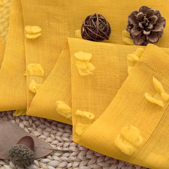Mustard Yellow Sheer Curtains 84 Inch Length 2 Panels for Spring Living Dining Room Bedroom Boho Farmhouse Gold Semi Sheer Pom Poms Tufted Curtain 84 Inches Long for Nursery Girls Kids Room Back Tab