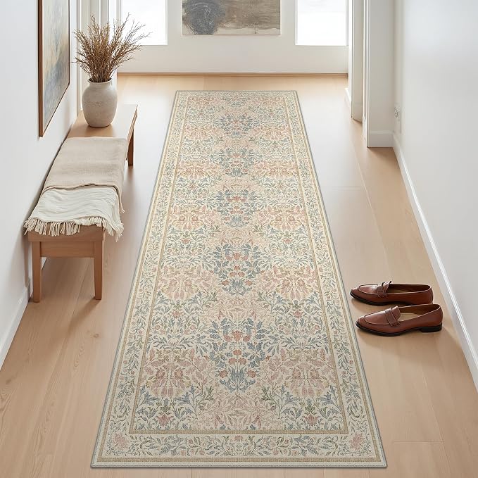 GENIMO 2.5x10 Washable Long Runner Rug, Non Slip Hallway Mat, Beige Pink | Vintage Boho Floral Low Pile Thin Mat for Entryway, Kitchen, Bedroom, Indoor Decor