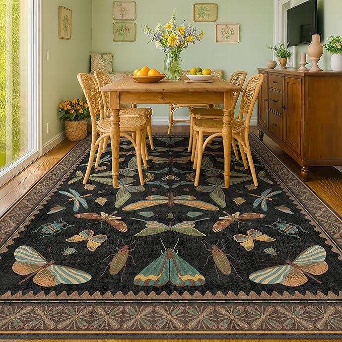 Hazo Haus Large Black Rug for Living Room - Area Rugs 9x12 Dining Room Table, Large Bedroom Under Bed, Unique Insect Bug Home Décor, Foldable Soft Stain Resistant