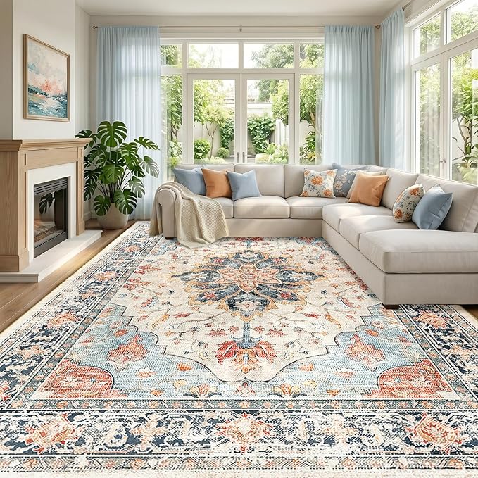 RELEANY Area Rugs Large 10'x12' Washable Non-Slip, Floral Vintage Distress Medallion Carpet for Living Room Bedroom Dining Room, Beige Navy Blue Orange Colorful