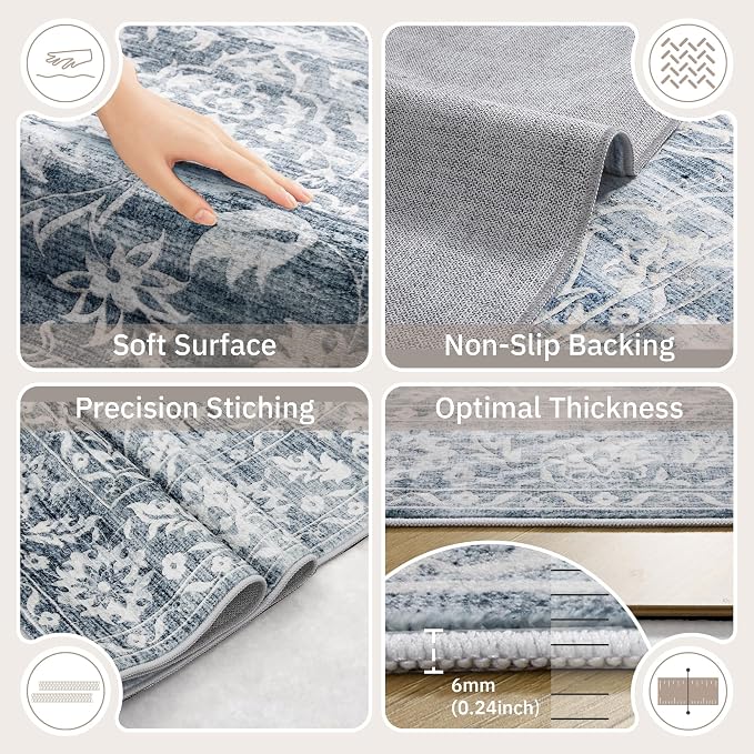 Soalmost 5x7 Area Rugs for Living Room, Washable Bedroom Soft Rug Blue | Vintage Floral Non-Slip Low Pile Throw Large Neutral Carpet for Dining Room Kitchen Home Office Nursery 5'x7'