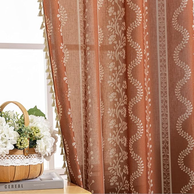 Lino Rosa Boho Cafe Curtains for Kitchen Window Over Sink, 36 Inch Length Vintage Floral Rustic Farmhouse Sheer Half Tiers for Bathroom Bedroom Cabinet Oven Skirt, 24x36, Rust Red