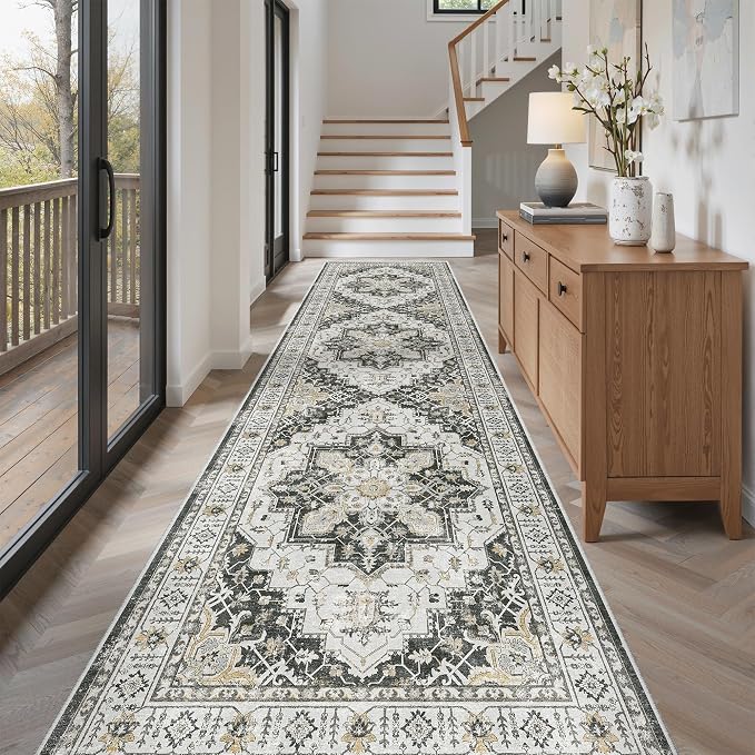 Madane Hallway Runner Rug 3x12 Washable Kitchen Runners 12ft, Black | Vintage Non Slip Area Rugs for Hallways, Soft Low-Pile Thin Farmhouse Wide Floor Carpet for Entryway Foyer Bathroom Bedroom