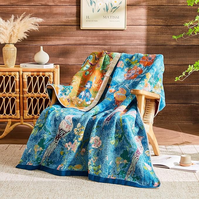 Boho Throw Blanket 100% Cotton Muslin Woven Blanket Bohemian Bed Throws Vintage Rustic Farmhouse Decor Reversible Bed Blanket Quilt for All Seasons（Blue 90"x98"）