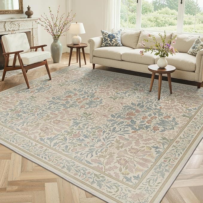 GENIMO 5x7 Washable Area Rugs for Living Room, Non Slip, Beige Pink | Vintage Boho Floral Low Pile Thin Carpet for Bedroom, Dining Room, Nursery, Indoor Decor