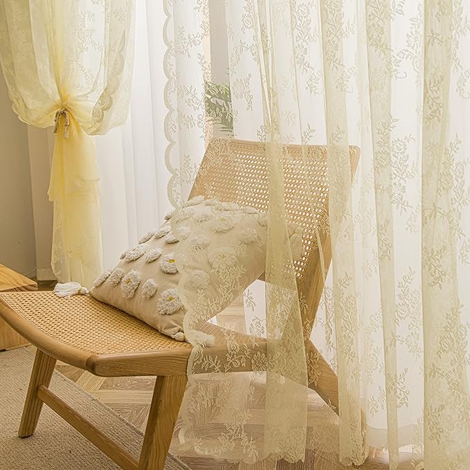 Sutuo Home Lace Curtains 63 Inches Length 2 Panels Set, Cream Yellow Sheer Country Retro Floral Vintage Beige Voile Window Panel Treatment for Bedroom/Living Room, Decor Rod Pocket W57 x L63