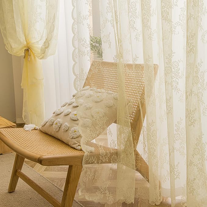 Sutuo Home Lace Curtains 96 Inches Long 2 Panels Set, Cream Yellow Sheer Window Floral Vintage Voile Window Panel Treatment Pair for Bedroom/Living Room/Kitchen, Decor Rod Pocket W57 x L96