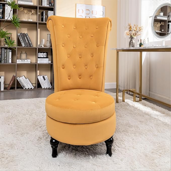 Container Furniture Direct Royal High-Back Velvet Accent Chair for Vanity with Storage and Luxurious Upholstery, Retro Design and Versatile Usage for Livingroom, Bedroom, Lounge and Office, Yellow