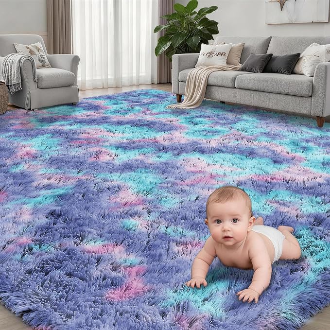 Fluffy 4x6 Area Rugs for Living Room Bedroom: Ultra Soft Shag Rug Non-Slip Non-Shedding Small Plush Bedside Rug Indoor Floor Carpets for Kids Room Playroom Entryway Nursery Dorms Home Rainbow Purple