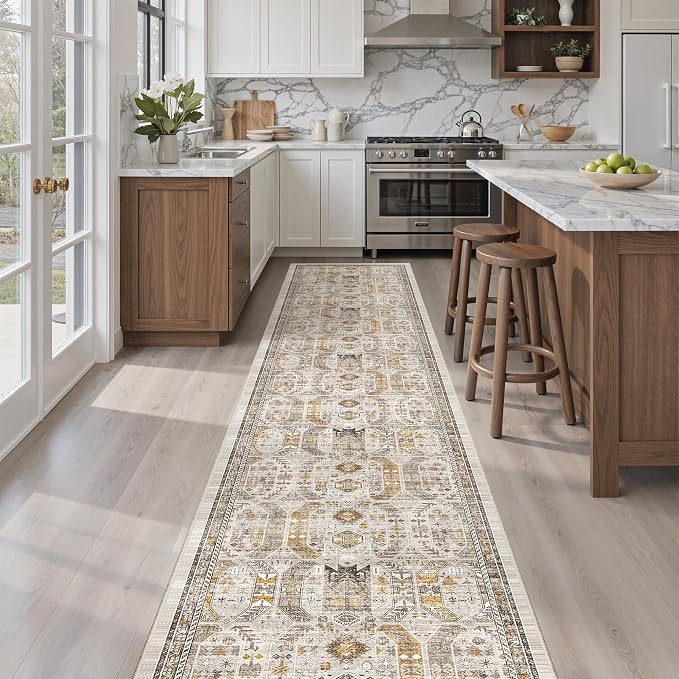Madane Washable Runner Rugs 2x12 Long for Hallway Kitchen Soft, Brown/Gold | Non-Slip Vintage Printed 12ft Rug Runners with Rubber Backing, Thin Low-Pile Floor Carpet Laundry Room Entryway, Corridor