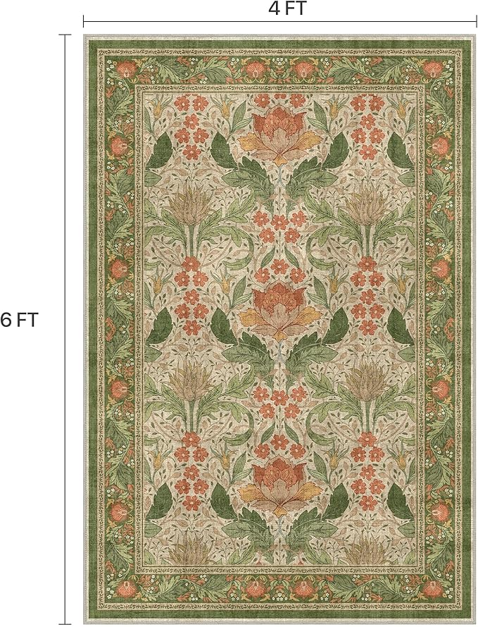 Bavni 4x6 Area Rugs, Floral Machine Washable Rugs for Living Room, Dinning Room, Bedroom, Non Slip Aesthetic Vintage Low Pile Durable Lightweight Farmhouse Rug, Sage Green & Burnt Orange