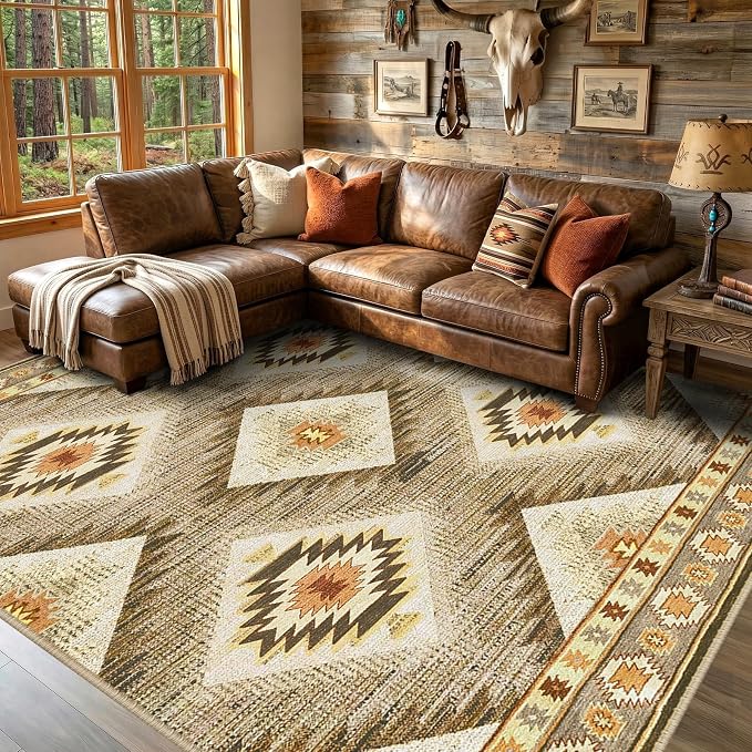 BESTSWEETIE Area Rug 9x12 Machine Washable Non-Slip Low Pile Print Pattern Western Rug for Living Room Bedroom Entryway Tribal Series - Cream/Camel
