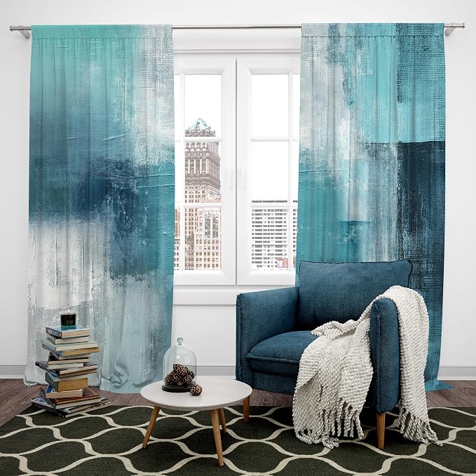 MESHELLY Turquoise and Grey Abstract Curtains 52W x 84H Rod Pocket Blue Teal Gray Art Painting Bay Modern Contemporary Watercolor Background Oil Cool Printed Living Room Bedroom Window Fabric 2 Panels