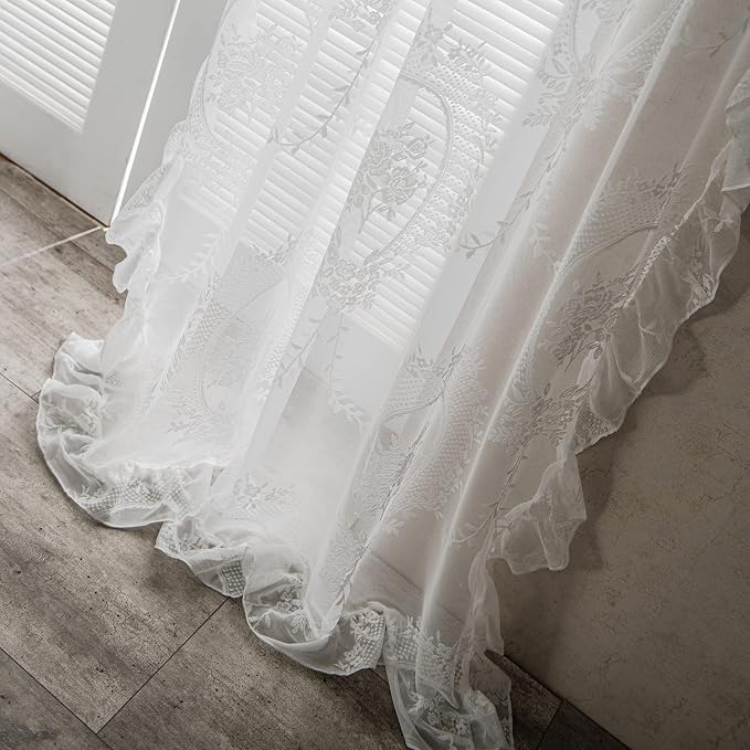 Sutuo Home White Lace Curtains 90 Inches Long, Vintage Embroidered Floral Rose Sheer Curtains for Bedroom Living Room, Privacy Country Rustic Windows Treatment Pair, Rod Pocket, W57 x L90,2 Panels