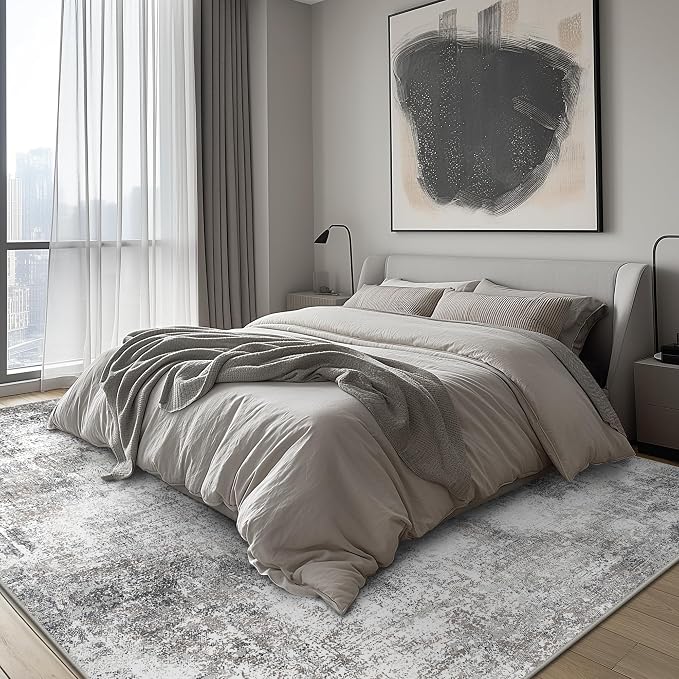 GENIMO Washable Area Rugs for Living Room, 9x12 Modern Non Slip Rugs, Low Pile Lightweight Soft Print Rug for Bedroom, Dining Room, Home Office, Grey