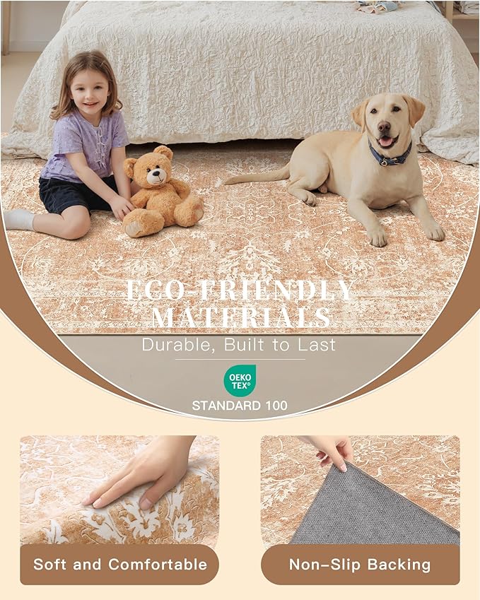Madane Washable Area Rug 4x6, Low Pile Stain Resistant Vintage Area Rugs, Non Slip Accent Rug Floral Print Indoor Mat for Entryway Living Room Kitchen Bedroom, Jasper Orange
