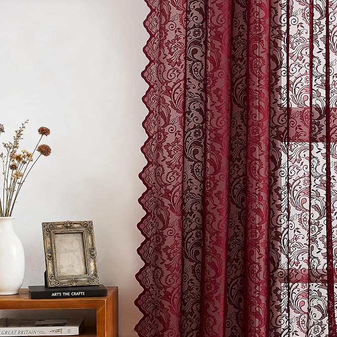 Bujasso Burgundy Red Lace Sheer Curtains for Bedroom Living Room, Victorian Floral Embroidered Wine Red Window Drapes with Scalloped Edge, Light Filtering&Privacy, Rod Pocket 2 Panels 52Wx102L Inches