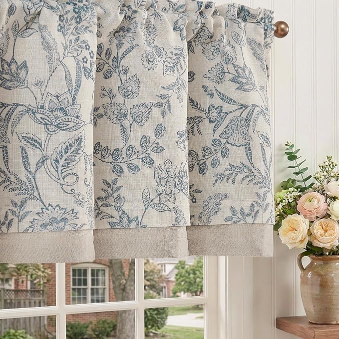 jinchan Linen Valance Curtain Farmhouse Floral Printed Small Window Curtain for Kitchen Rustic Country Light Filtering Valance for Living Room Bedroom Bathroom 16 Inch Rod Pocket 1 Panel Blue on Beige