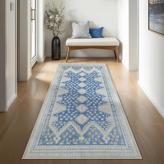Beige Blue Oushak Long Hallway Runner Rug 2'5x12' - Boho Washable Non-Slip Runner Rugs, Vintage Turkish Eclectic Extra Long Runner Rugs for Hallway Kitchen Entryway Foyer Corridor
