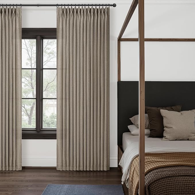 Dark Flax 70 Inch Extra Wide Light Filtering Curtains 120 Inches Long for Sliding Glass Door, Memory Shape Pinch Pleat Linen Sheer Floor to Ceiling Viral Drapes 9 FT Length Luxury Curtain Panels of 2