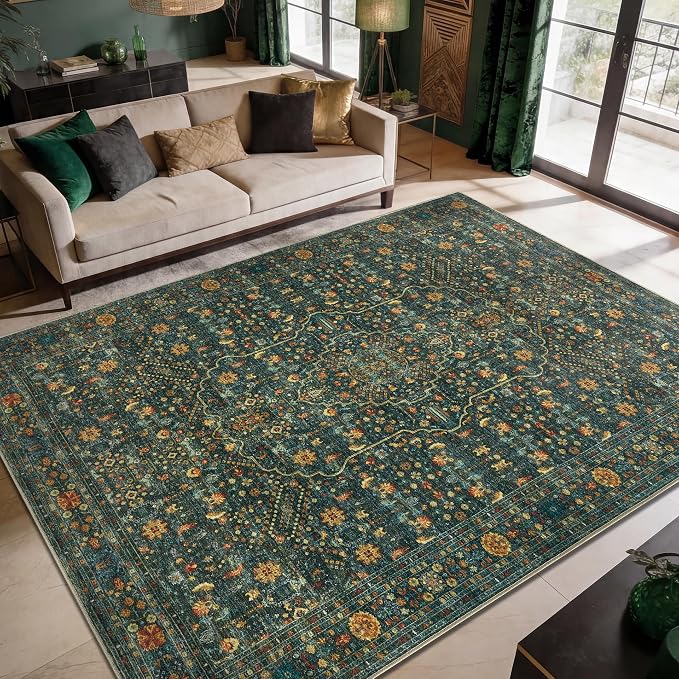 Keen Home Design 10x14 Rug - Machine Washable Area Rug with Non-Slip Backing, Ideal for Living Room, Dining Room, Bedroom - Vintage, Easy Clean, Durable, Low Pile Rug - (9'7" x 14')