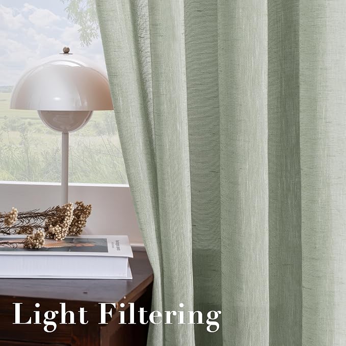 H.VERSAILTEX Linen Curtains Natural Linen Blended Curtain Panels for Living Room/Light Reducing Linen Semi Sheer Curtains 54 inch Length 2 Panels Set Nickel Grommet Window Panels, Sage