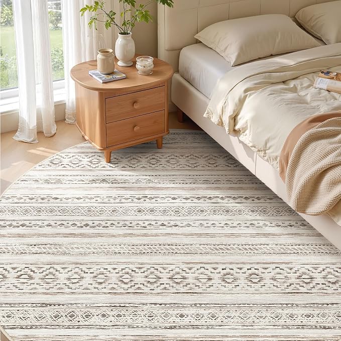 cotiled 8x8 Round Area Rugs Living Room Rug: Washable Boho Rugs with Non Slip Backing Large Soft Indoor Stain Resistant Carpet for Bedroom Farmhouse Dining Room Lightweight Home Decor Cream Brown