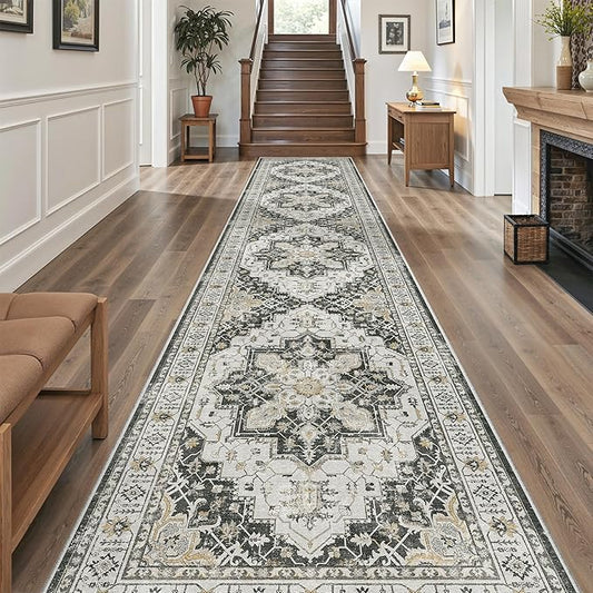 Madane Hallway Runner Rug 3x14 Washable Kitchen Runners Long, Black | Vintage Non-Slip Wide Area Rugs 14ft for Entryway, Low-Pile Farmhouse Indoor Floor Carpet for Living Room Bedroom