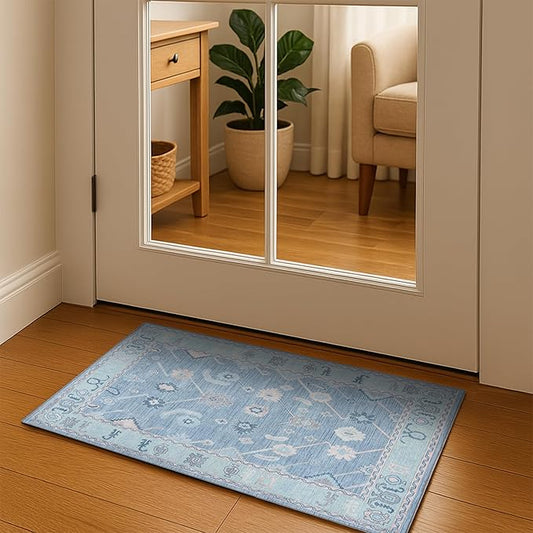 Teal Blue Boho Oushak Rug 2x3 - Vintage Turkish Small Area Rugs for Kitchen Floor, Non-Slip Washable Rugs for Entryway, Entrance, Bathroom, Bedroom, Under Table, Living Room, Indoor