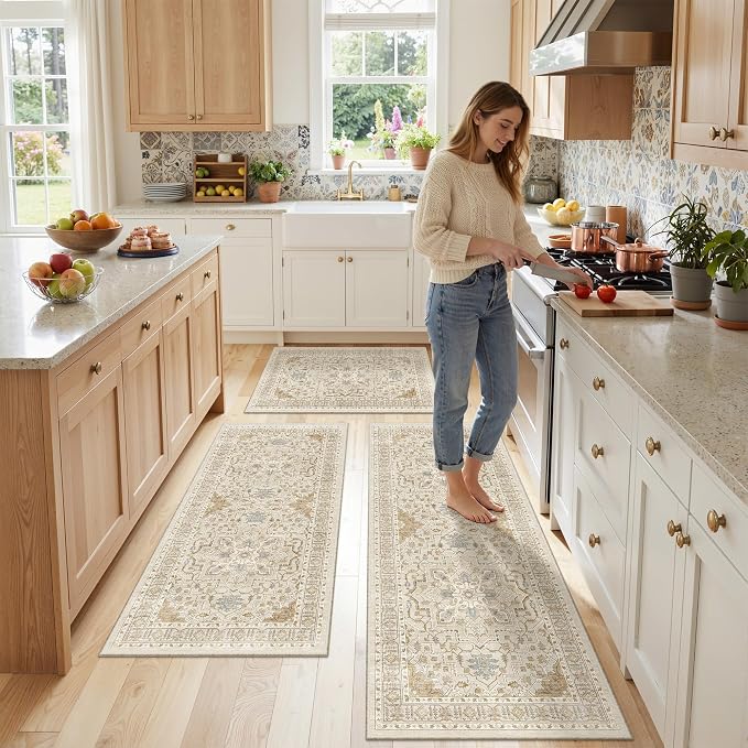 Madane Washable Kitchen Rug Set of 3 Small Area Rugs Non-Slip, Beige/Blue | Vintage Hallway Entryway Door Mat Indoor Entrance Low Pile Floor Carpet Runner for Inside Front Entry Laundry 2x3+2x4+2x5