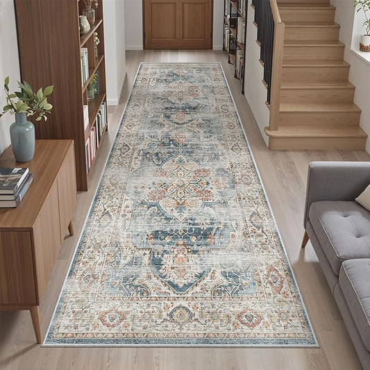 Madane Kitchen Runner 2'6''x8' Soft Rug Runners for Hallways, Navy | Vintage Machine Washable Printed Rugs 2.5x8 Ft, Non-Slip Low Pile Stain-Resistant 8ft Floor Carpet for Laundry Room, Corridor