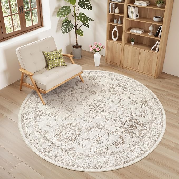 Madane Washable Round Rug 5ft for Living Room, Soft Ultra-Thin Non-Slip Vintage Floral Circle Area Rug, 5x5 Round Throw Carpet for Entryway Nursery Bedroom Kitchen Dining Room (Brown/Ivory, 5'Round)