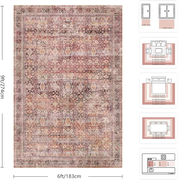 6x9 Area Rugs - Washable Vintage Retro Living Room Rug, Soft Ultra Thin Non Slip Low Pile Traditional Distressed Boho Carpet for Bedroom Dining Room Nursery Home Office, Vintage Iron Red