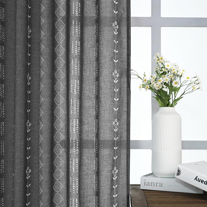 Black Sheer Curtains Linen Dark Floral Print Modern Vintage Witchy Gothic Curtains for Bedroom Living Room 96 Inches Long