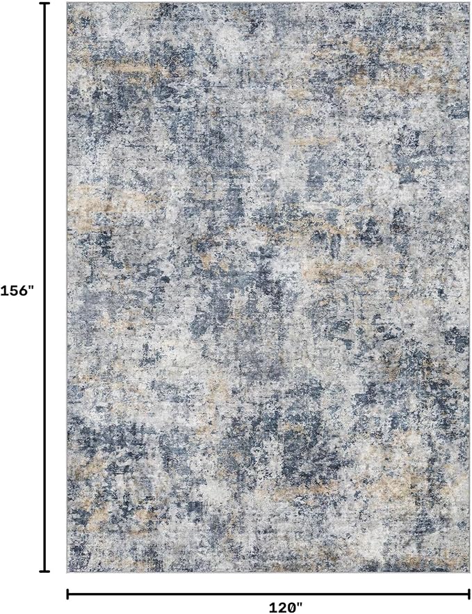 Tortania Washable 10x13 Area Rug for Living Room: Modern Abstract Neutral Large Soft Thin Rugs - Non Slip Indoor Carpet for Bedroom Dining Room Office Nursery Home Floor Decoration - Blue Grey