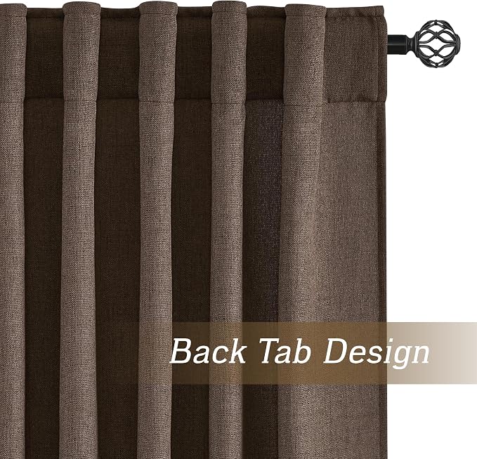 RYB HOME Natural Linen Sheer Curtains 108 inches Long for Living Room/Bedroom, Back Tab/Rod Pocket, Light Filtering Sheer Curtains and Drapes, Brown, W 52 x L 108 inches, 2 Panels Set