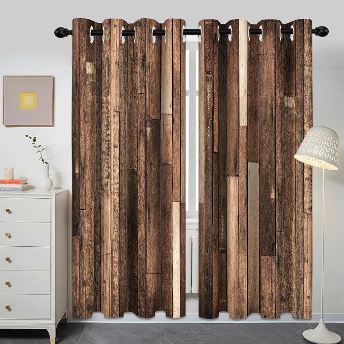 iTapnoom Rustic Wooden Brown Blackout Curtains, Retro Farmhouse Wood Board Door Living Room Bedroom Decor Thermal Curtain Darkening Grommet Window Drapes Treatments, 2 Panels 52x84 Inch