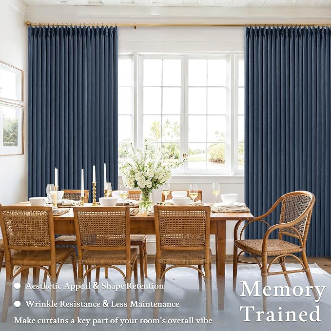 100% Black Out Curtains 80 Inch Length 2 Panels Pinch Pleated Back Tab Navy Blue Heat Blocking Window Boho Farmhouse Living Room Darkening Curtains Textured Linen Blackout Drapes for Bedroom