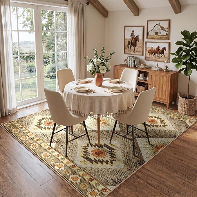 BESTSWEETIE Area Rug 4x4 Rug Machine Washable Non-Slip Low Pile Print Pattern Western Rug for Living Room Bedroom Entryway Tribal Series -Cream/Camel