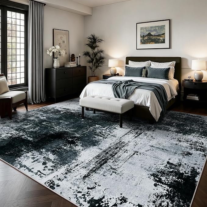 8x10 Rugs for Living Room - Modern Abstract Washable Rug, Ultra Soft Non Slip Low Pile Large Rugs, Floor Carpet for Bedroom Dining Room Office Laundry Nursery Home(Black)
